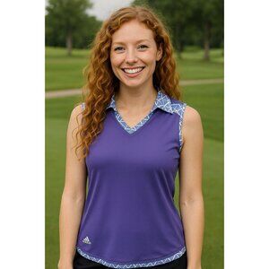 Adidas Purple Sleeveless Golf Shirt Geometric Trim Size L Sporty Chic Tenniscore